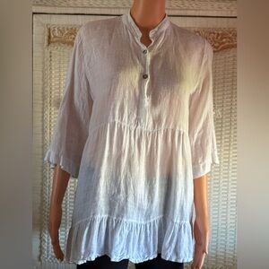Logica Italy White Linen Top Lagenlook Beachy Smocked Size Medium